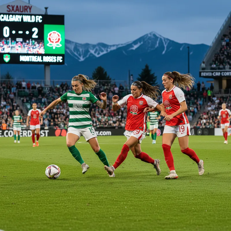 Calgary Wild FC players in red uniforms on a green soccer field during a competitive match.