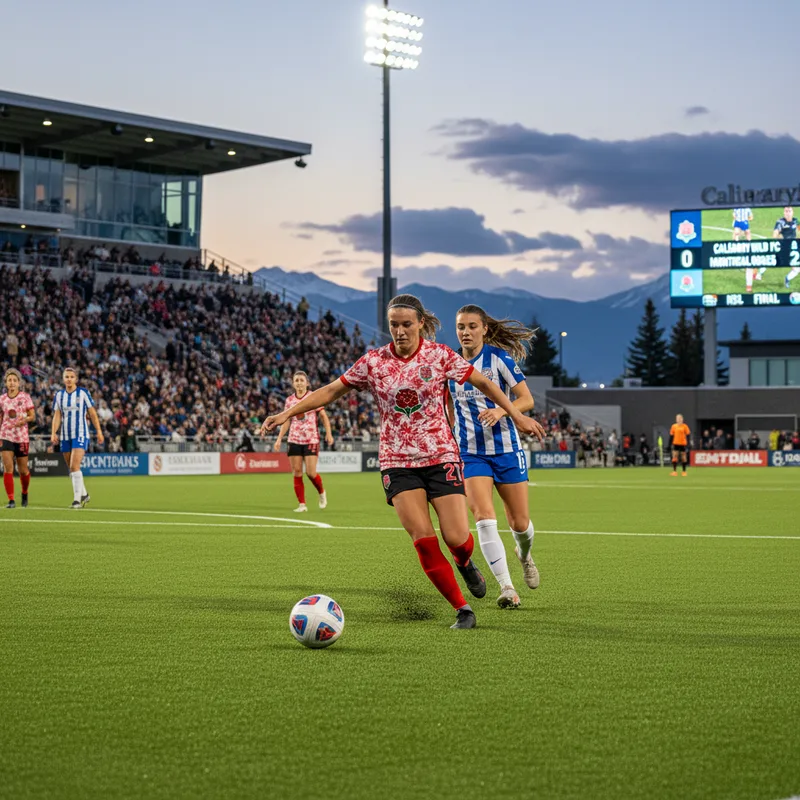 Calgary Wild FC players in red and white uniforms compete on a soccer field during a match.