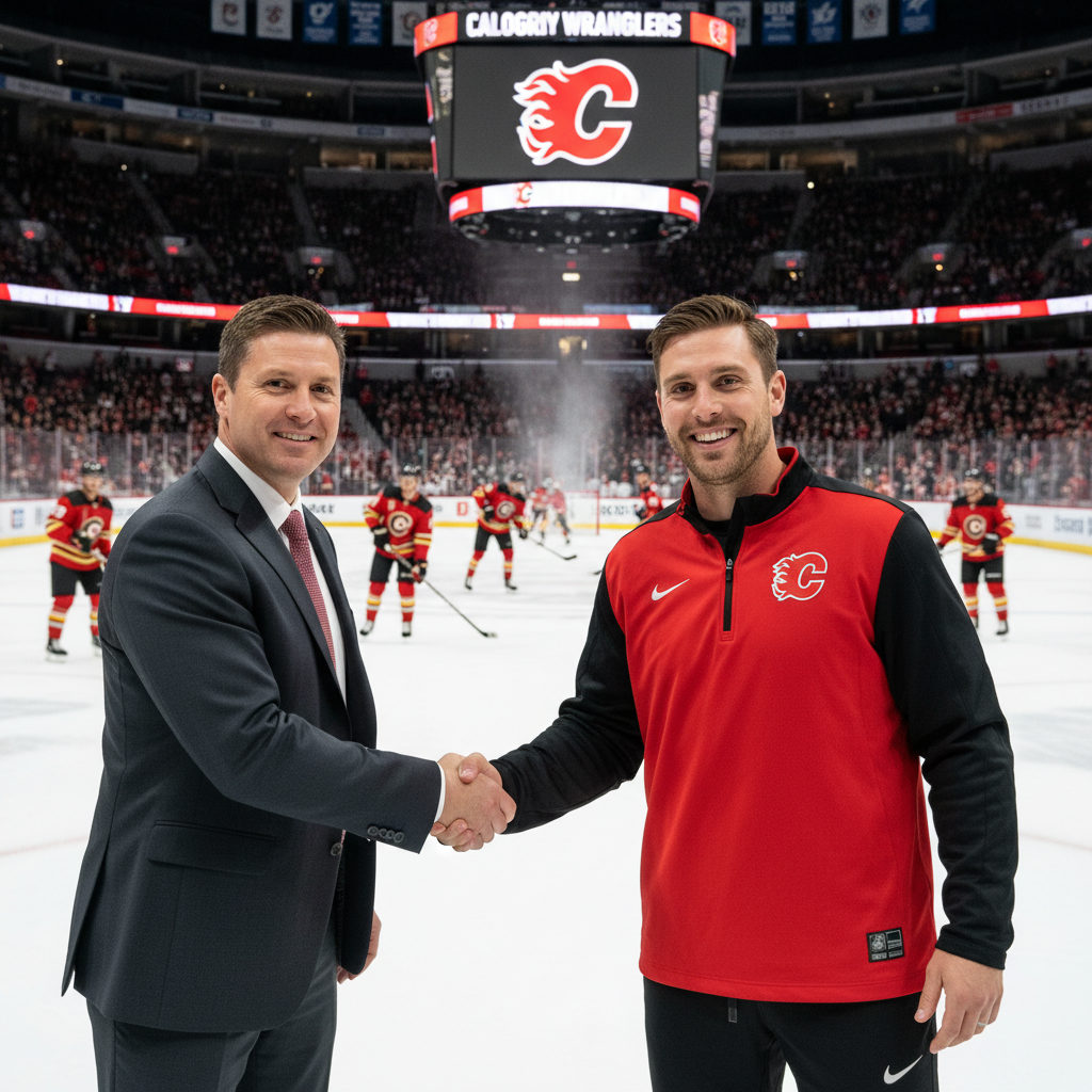 Assistant coach John Dean in a dynamic action shot at the Calgary arena, realistic setting.