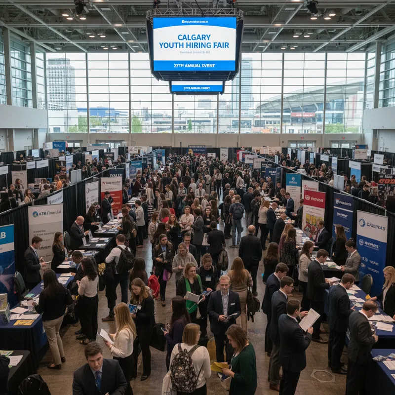 Young Calgarians fill a large hall at a busy hiring fair, seeking jobs in a tough market.