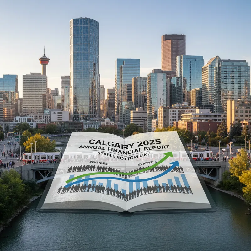 Calgary cityscape with a subtle, modern financial graphic overlay.