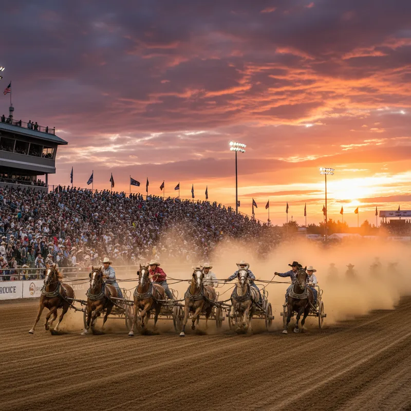 A chuckwagon race in full swing at the annual Calgary Stampede, with the grandstand and Calgary skyline visible in the background.