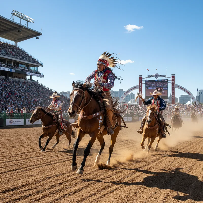 Rodeo participants compete in a relay race at the Calgary Stampede's GMC Stadium