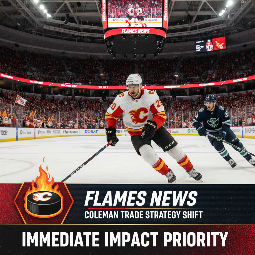 Dynamic action shot of Blake Coleman playing hockey in a realistic stadium setting, Calgary Flames strategy shift.