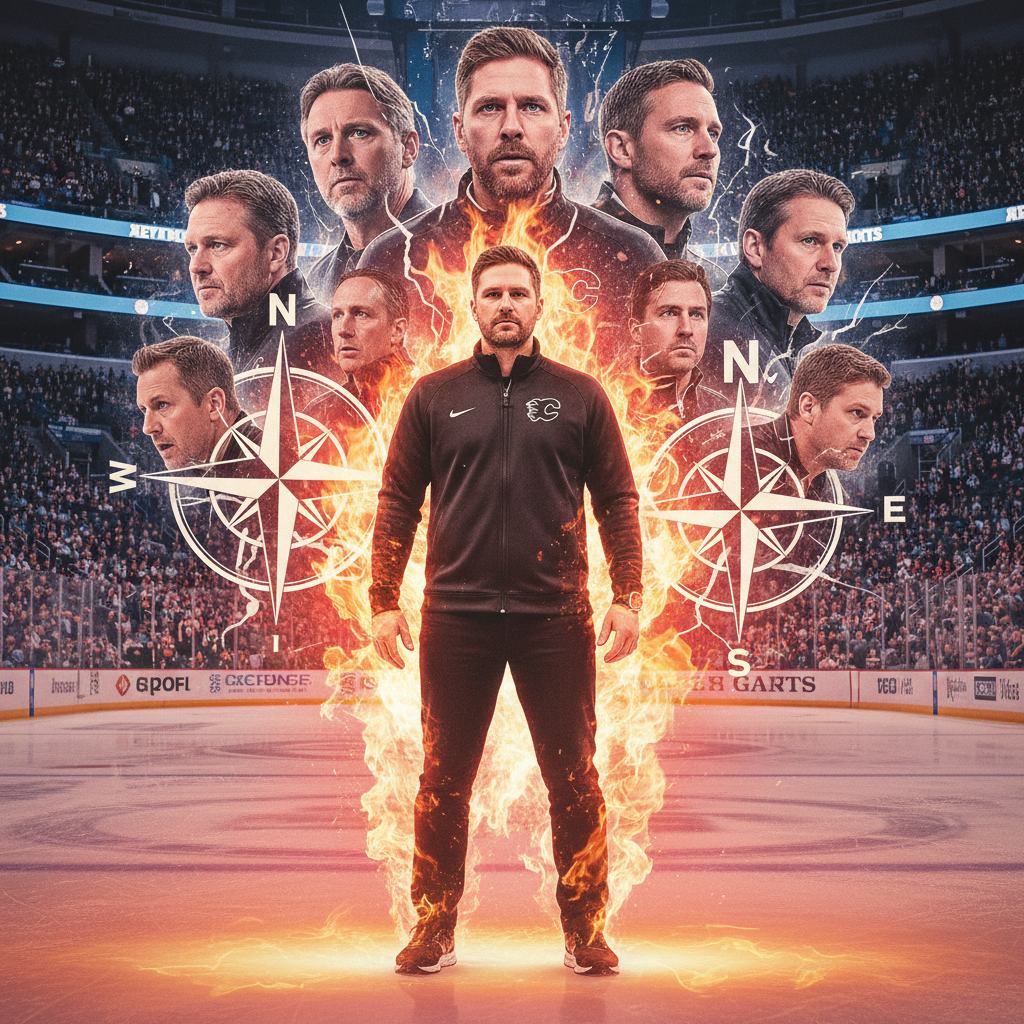 Calgary Flames head coach Ryan Huska on the ice during a dynamic action shot in a realistic stadium setting.