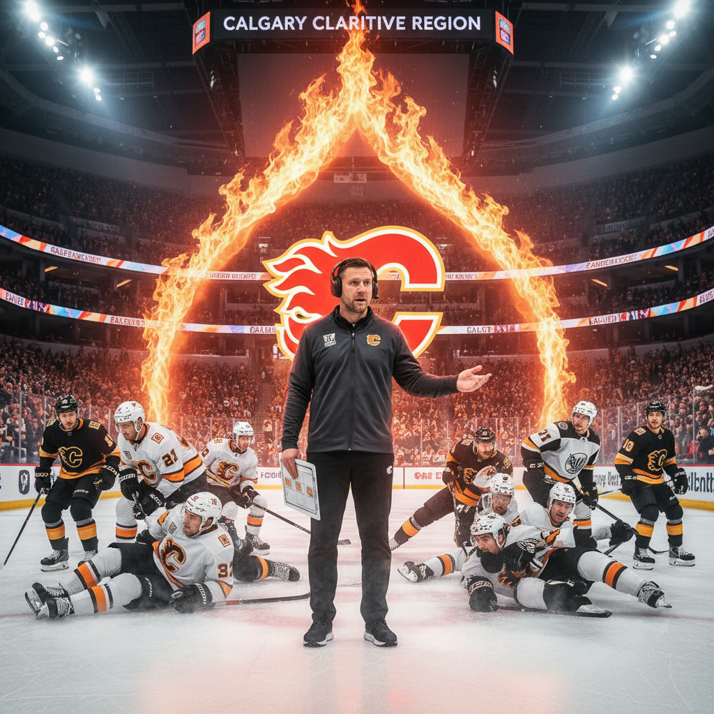Calgary Flames head coach Ryan Huska in dynamic action pose on the field during a game.