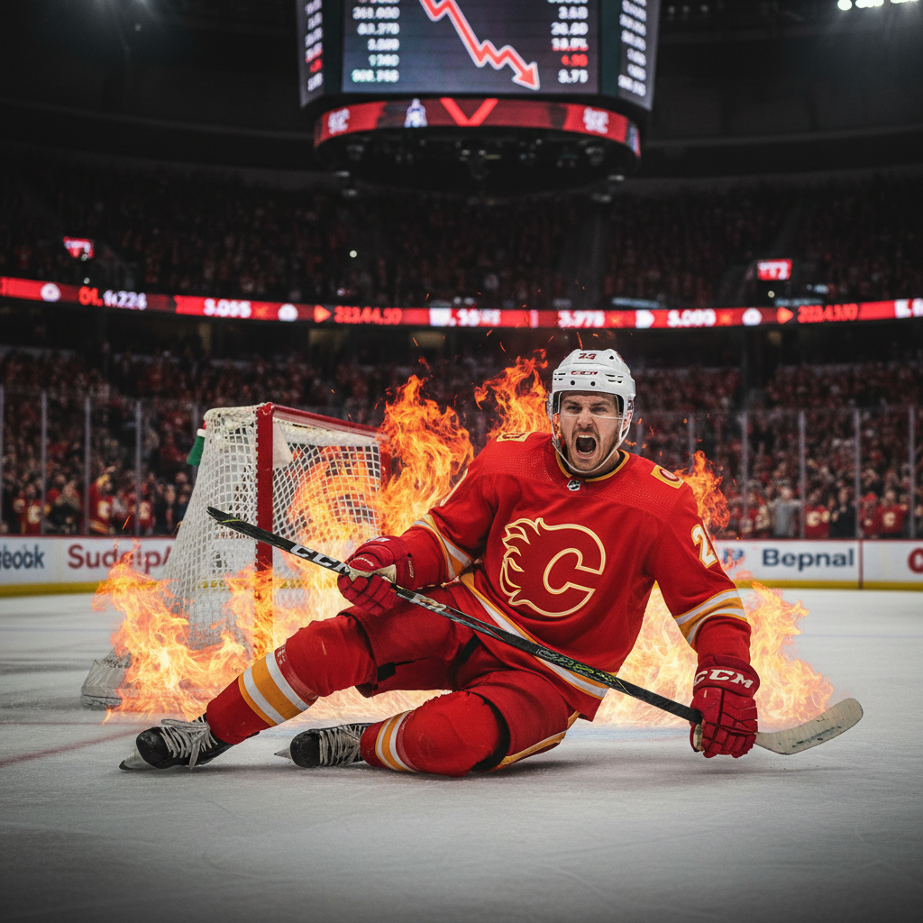 Calgary Flames player Jonathan Huberdeau skates on ice, looking dejected, with arena lights in the background.