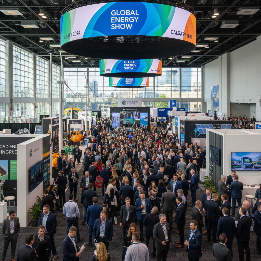Modern BMO Centre in Calgary hosting a bustling Global Energy Show with diverse industry attendance.