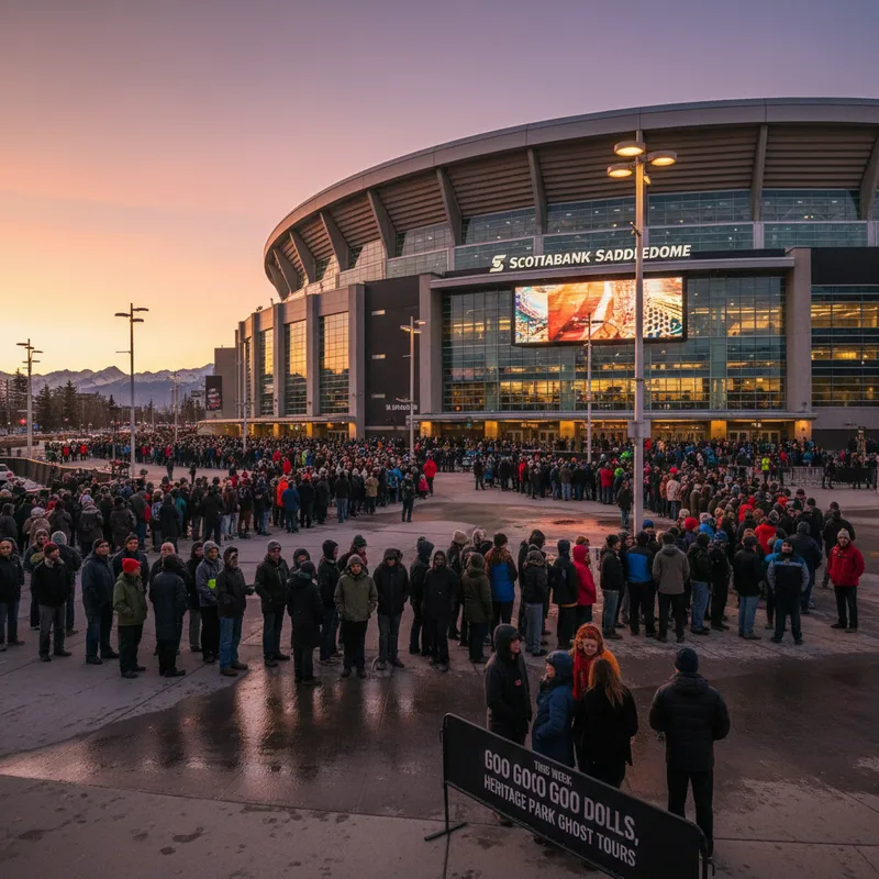 People queue outside Scotiabank Saddledome at dusk, anticipating a concert or Calgary Flames game.