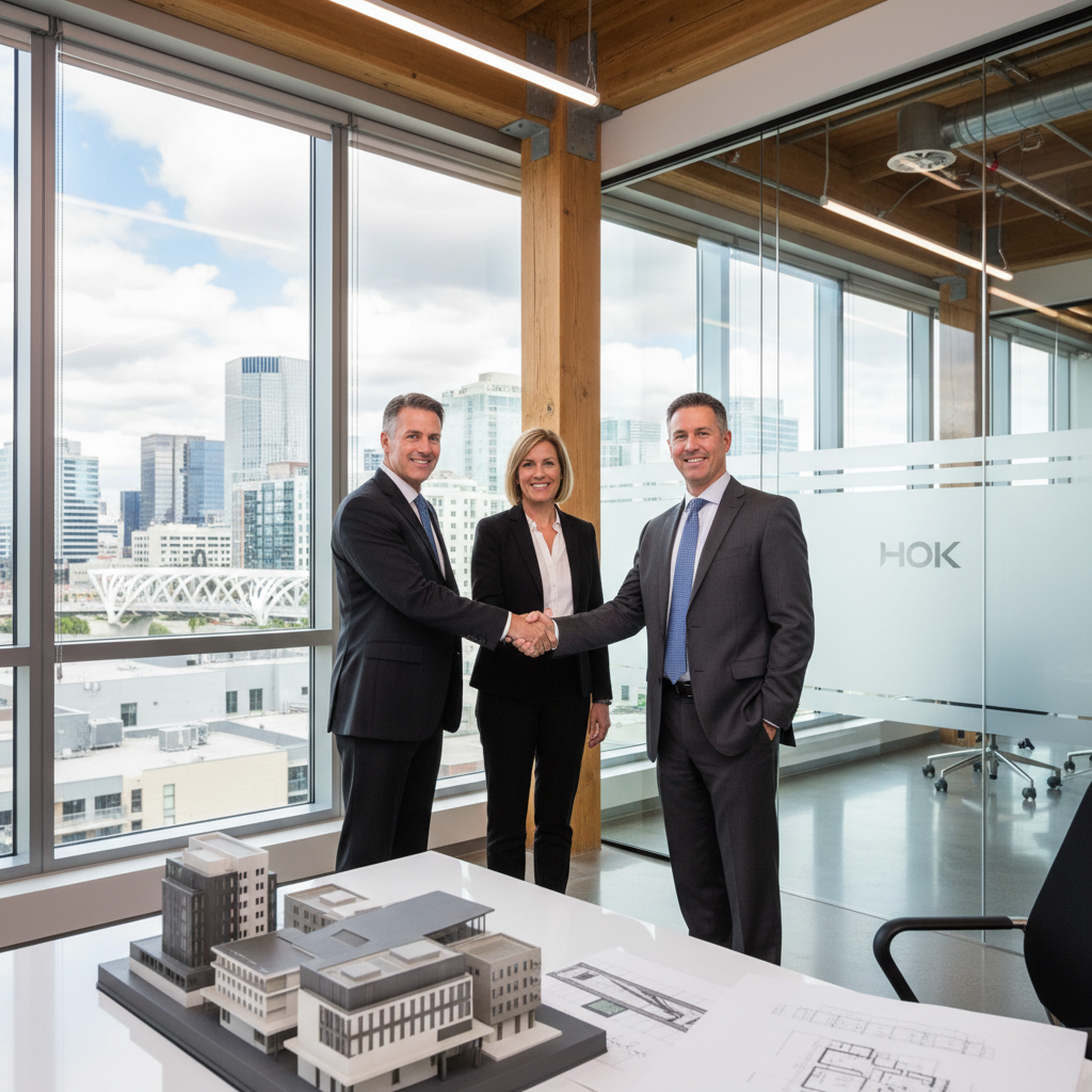 Modern office interior with diverse leaders, reflecting HOK's promoted executives in Canada and the UK.