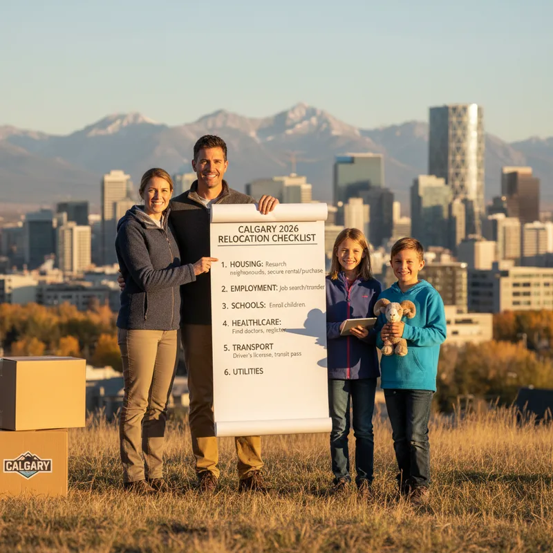 Calgary skyline with a checklist graphic overlay, signaling preparation for new residents in 2026.