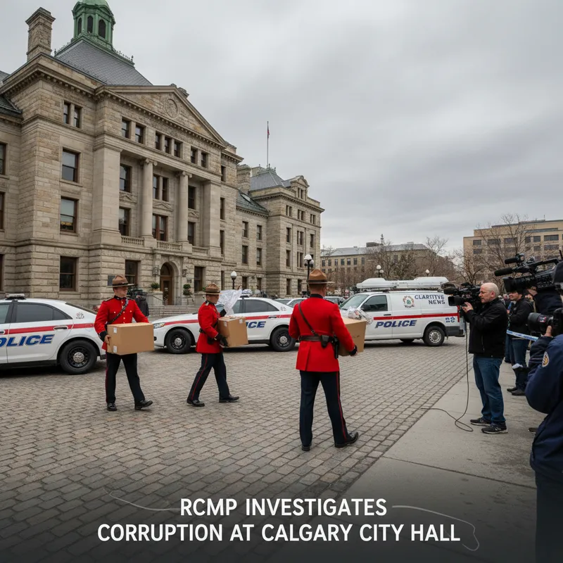 RCMP officers in uniform outside Calgary city hall, conducting an investigation with official vehicles present.