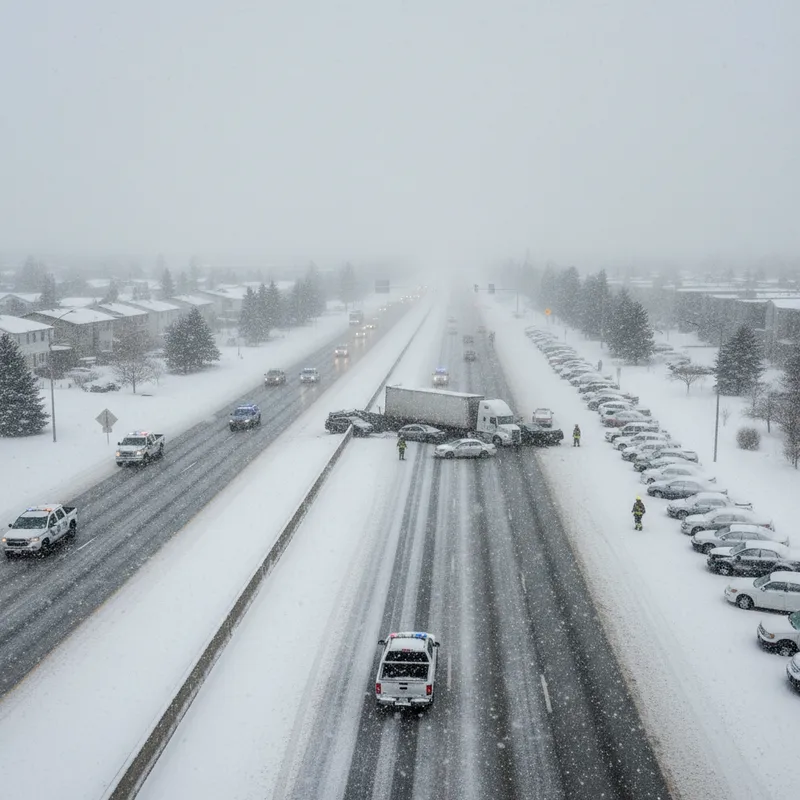 Snowy scene in north Calgary with multiple cars stuck on a highway during a winter storm.