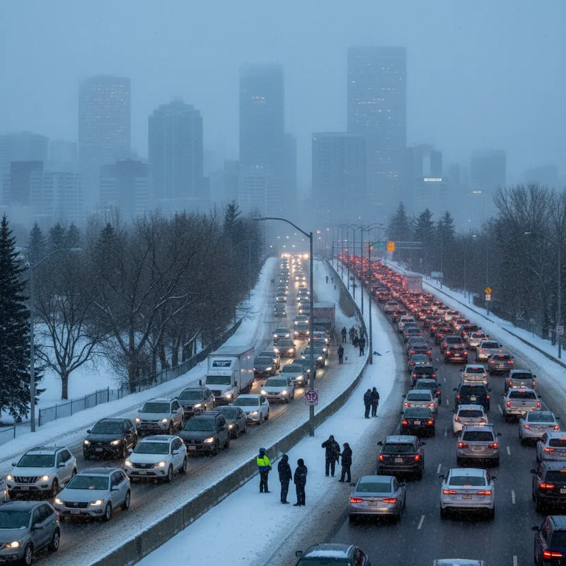 Calgary north region street covered in heavy snow with multiple cars stuck in traffic.