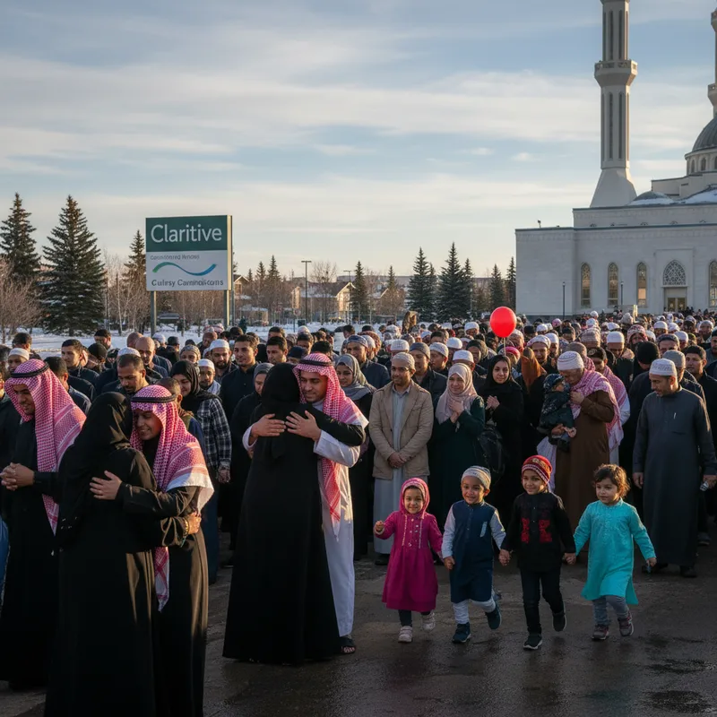 People greeting each other outside Baitun-Nur Mosque after Eid al-Fitr prayers with families and children present.