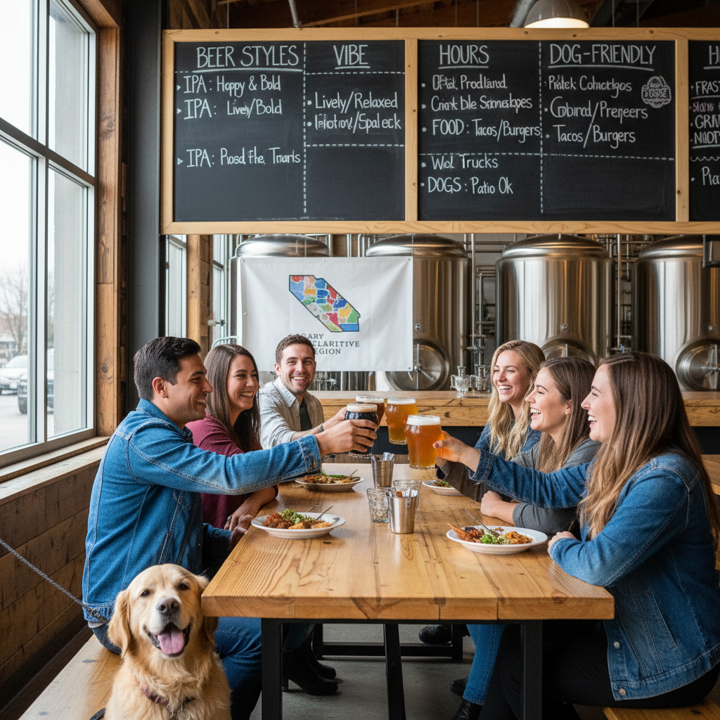 Several Calgary craft breweries are showcased in a photorealistic news photograph, featuring natural lighting and realistic settings.