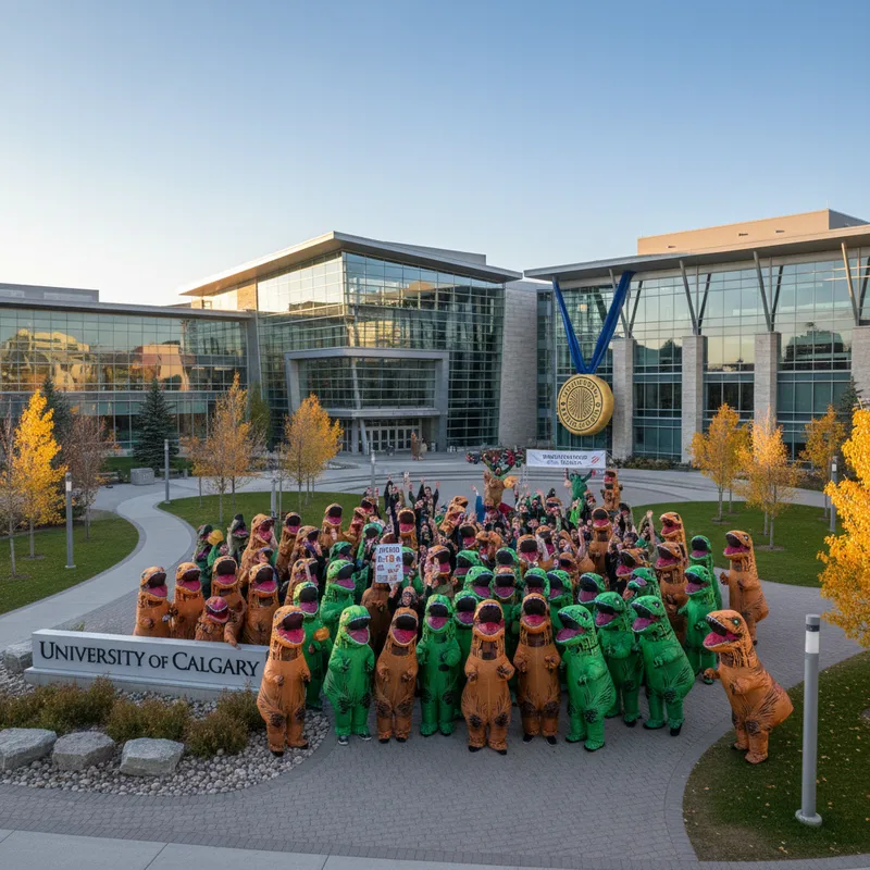 Hundreds in dinosaur costumes gather on landscaped grounds at the University of Calgary for a world record attempt.
